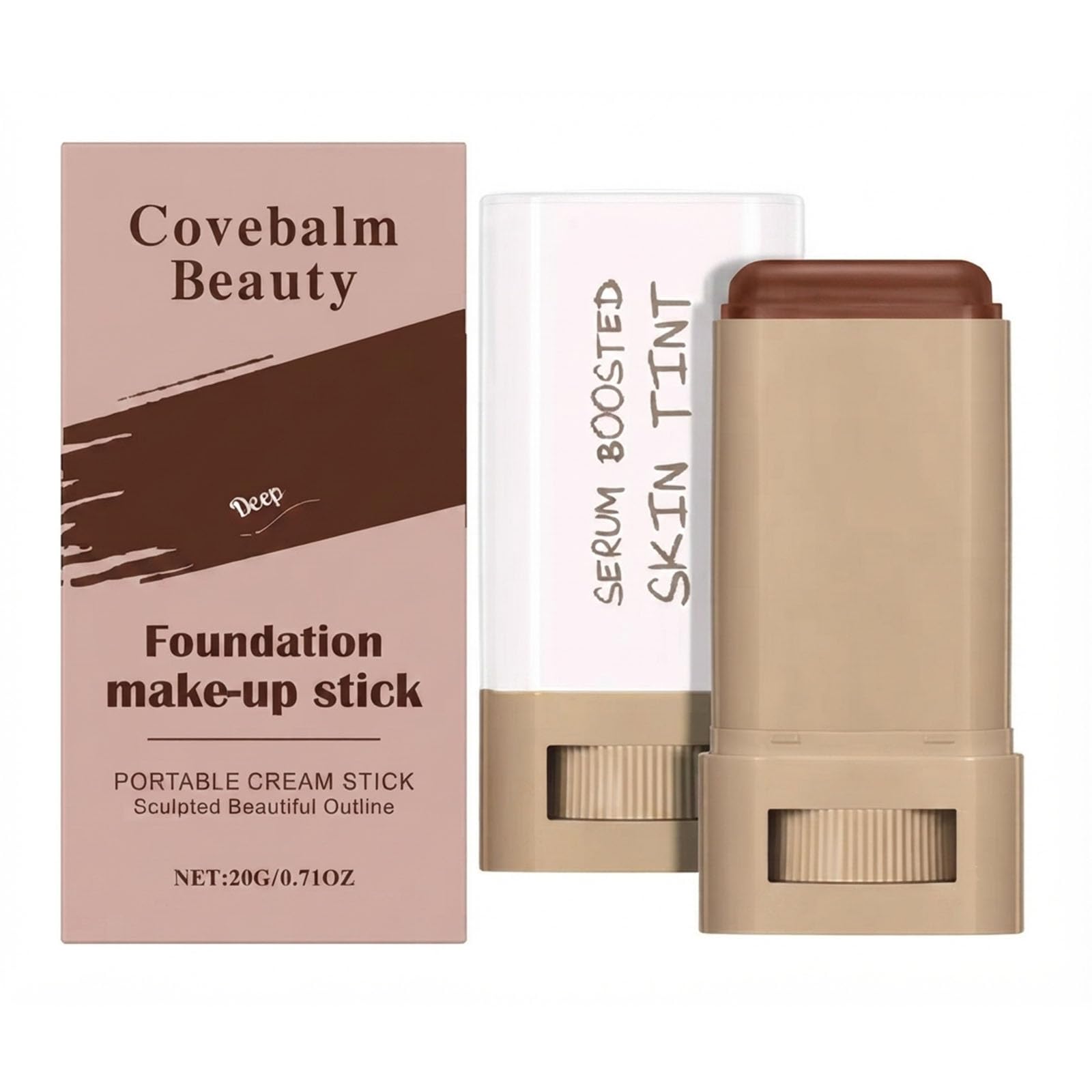 Covebalm Beauty front packaging showing deep shade and portable balm benefit
