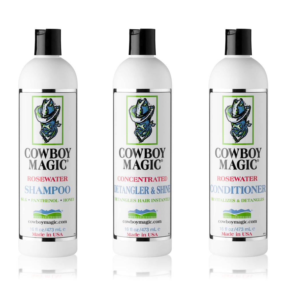 Cowboy Magic three 16 oz bottles front view showing brand and product trio benefits