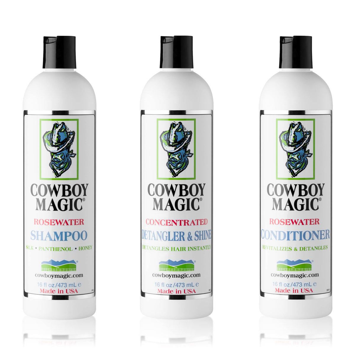 Cowboy Magic three 16 oz bottles front view showing brand and product trio benefits