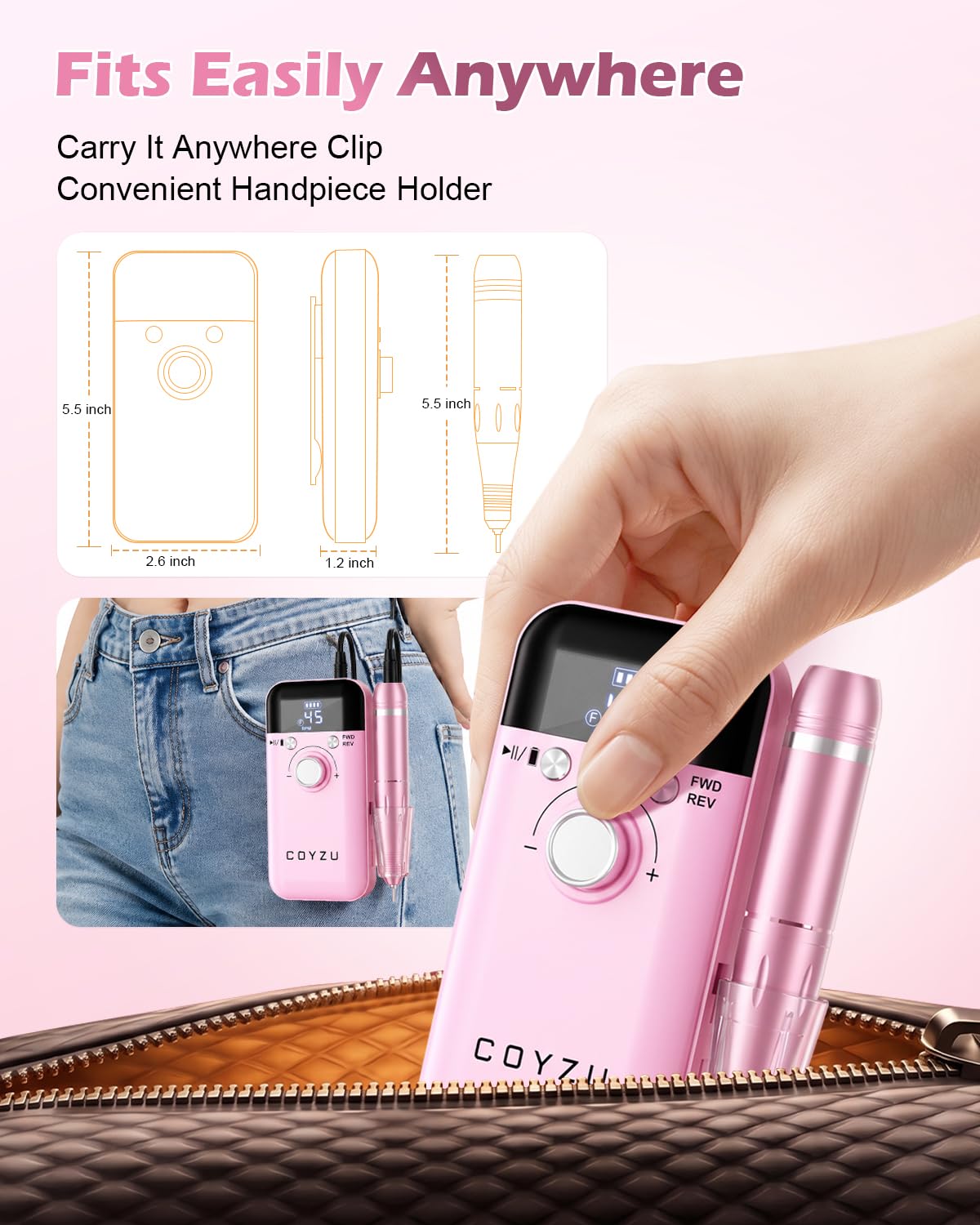 COYZU clipped on apron illustrating portability for mobile nail technicians