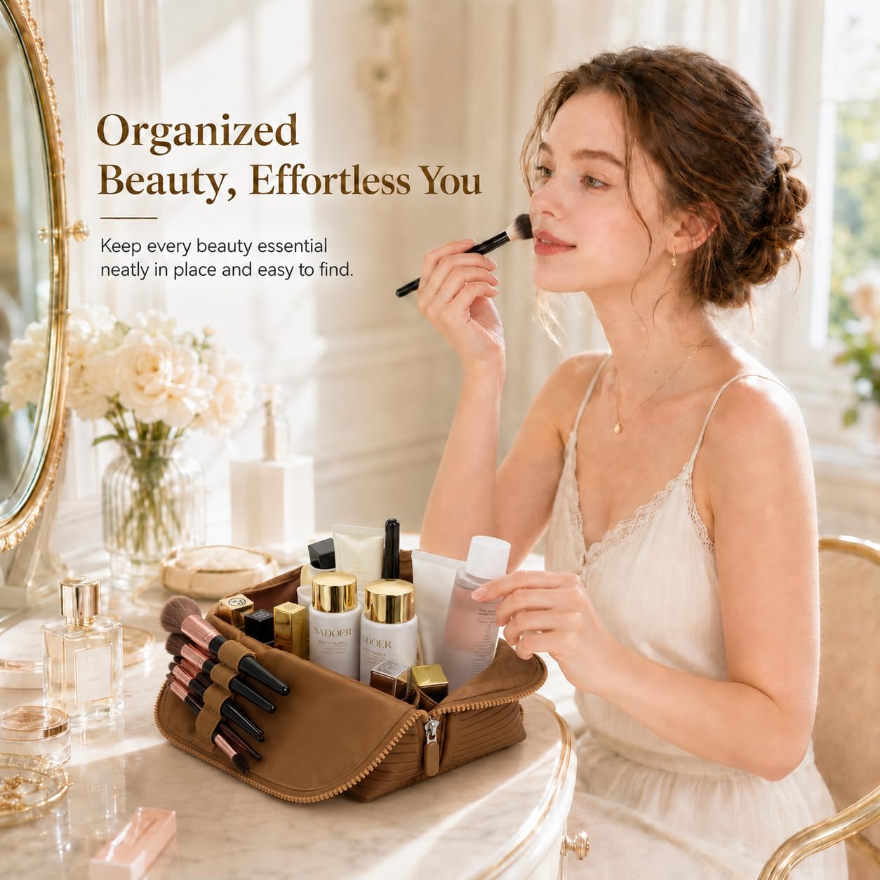 Cozomga open and standing display revealing organized cosmetics for easy access