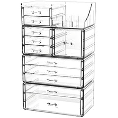 Cq acrylic front view on vanity showing organized cosmetics and clear visibility