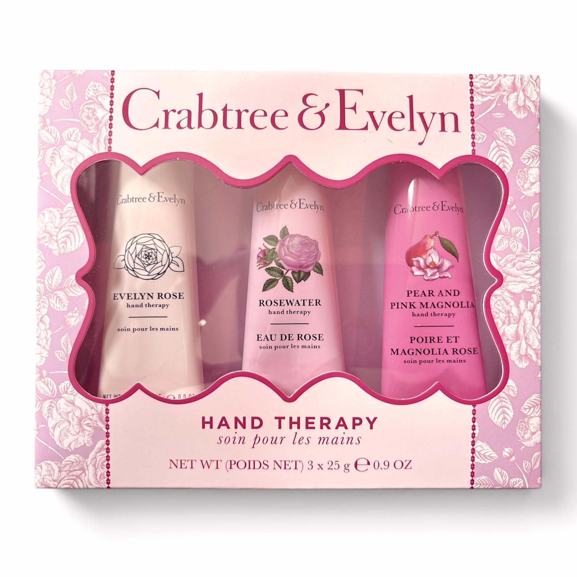 Crabtree & Evelyn boxed trio showing tubes and moisturizing benefit