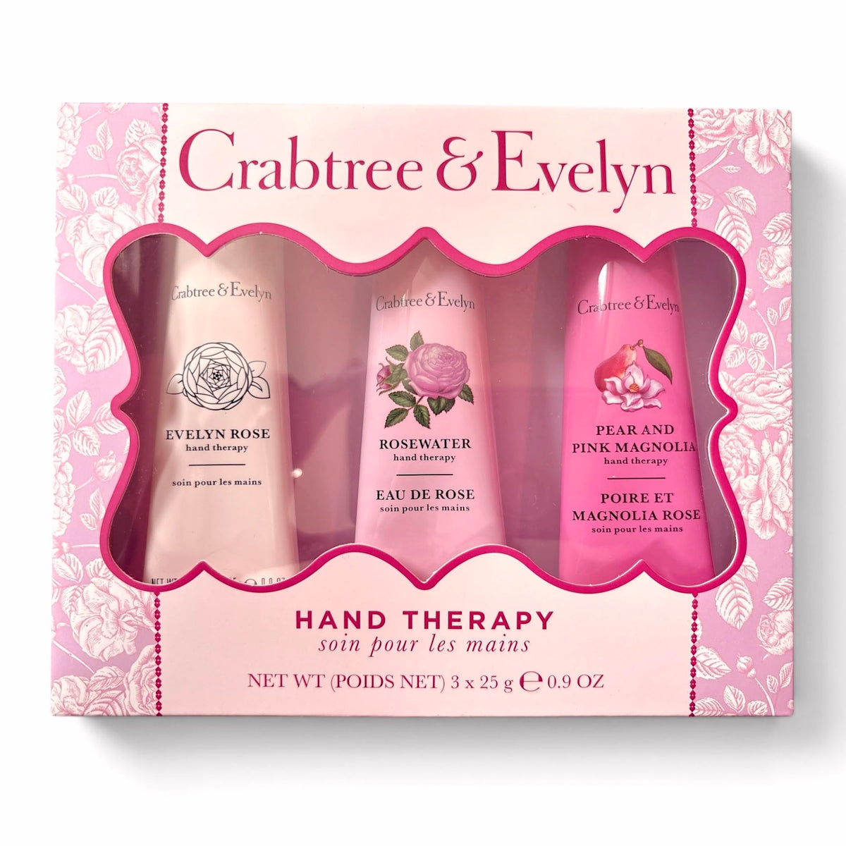 Crabtree & Evelyn boxed trio showing tubes and moisturizing benefit