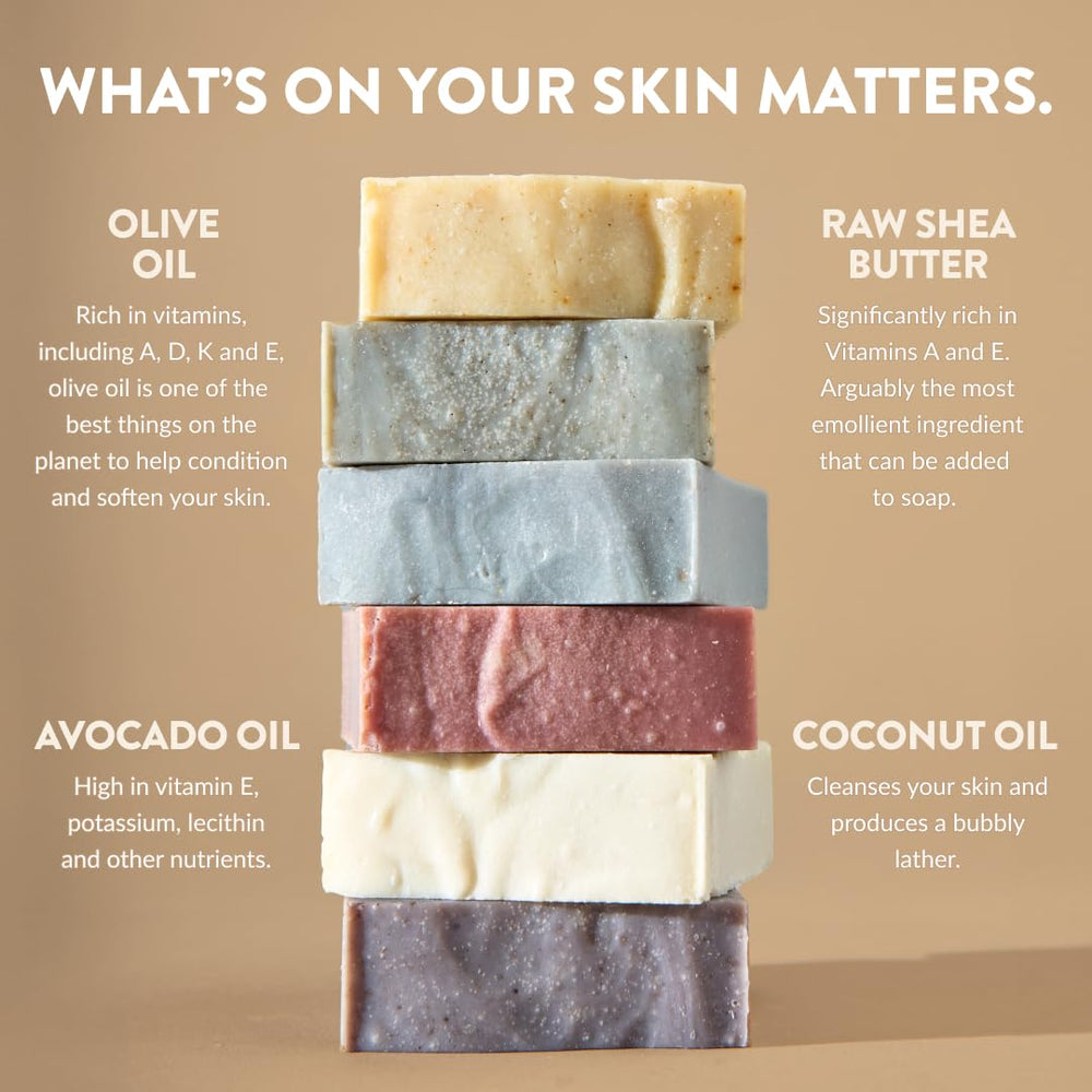 Crate 61 Organics ingredient flatlay with olive oil, shea butter and clays for nourishing care