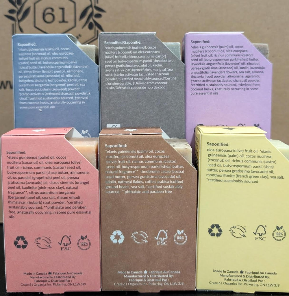Crate 61 Organics bars styled in bathroom setting conveying sustainable gift-ready appeal