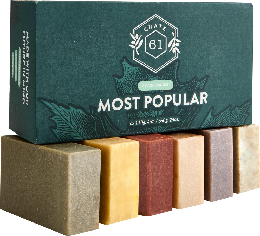 Close-up of a Crate 61 Organics soap bar texture revealing natural botanicals and gentle cleanse