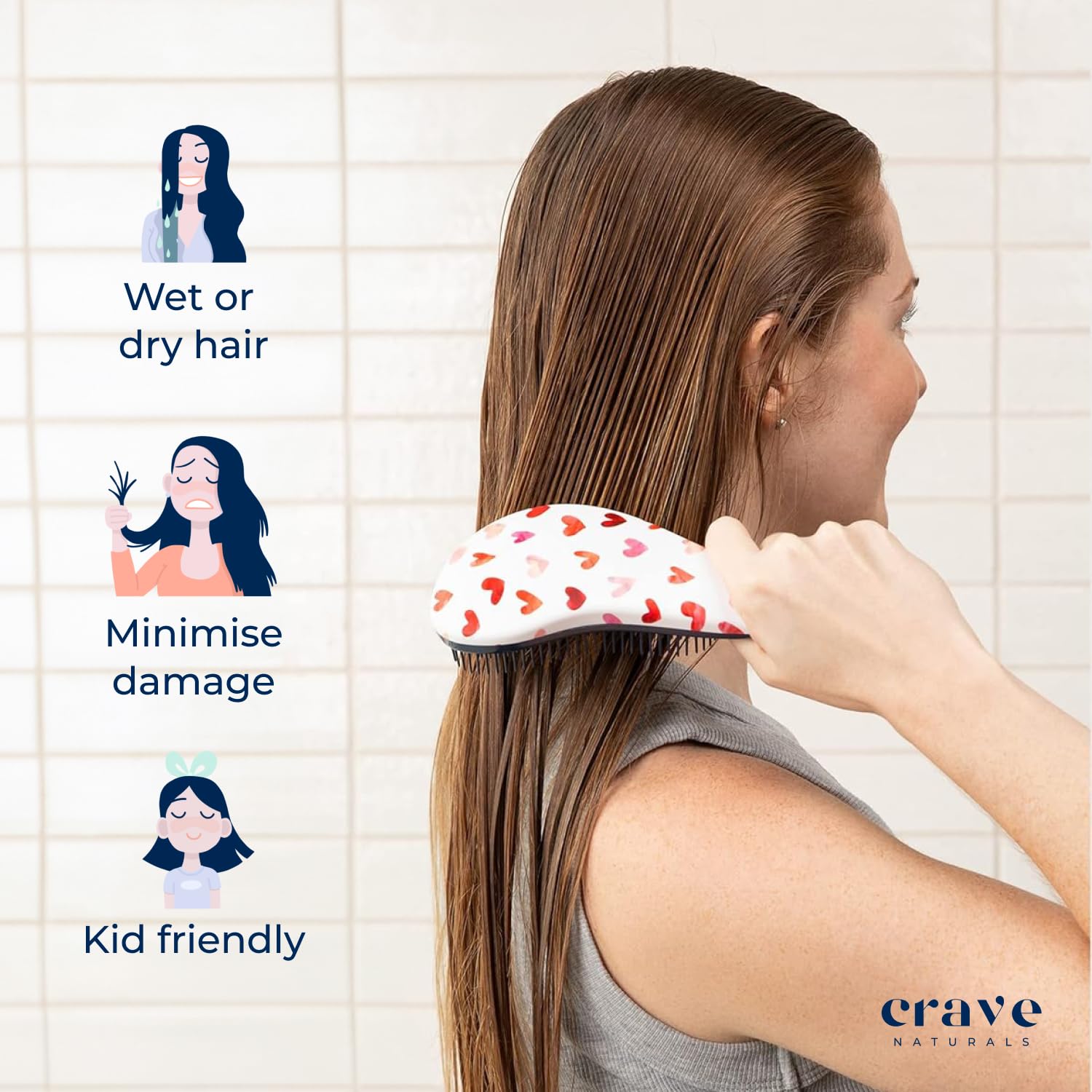 Crave Naturals brush smoothing curly hair in a home setting, offering less breakage