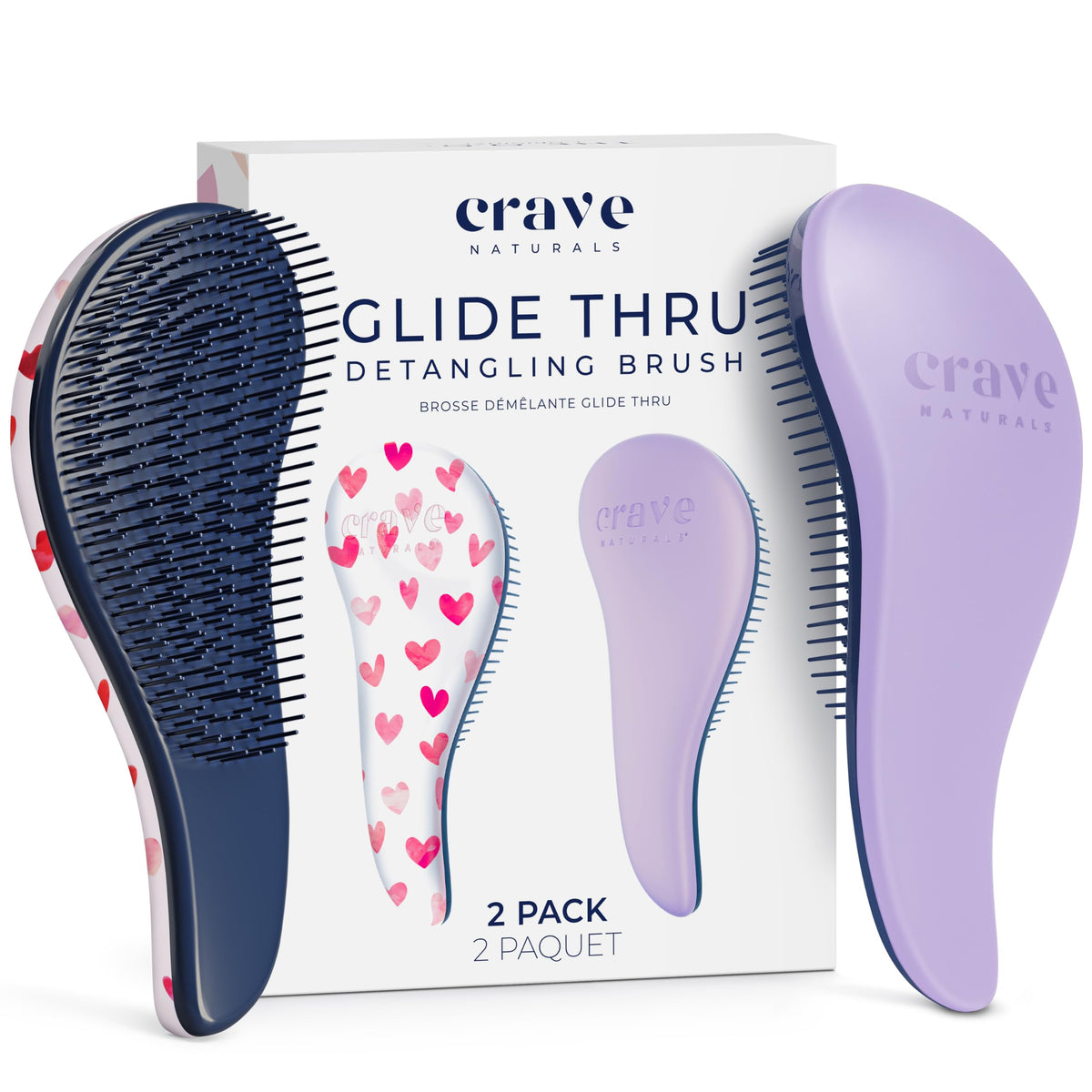 Crave Naturals brush front packaging showing purple and pink hearts, clear benefit of gentle detangling