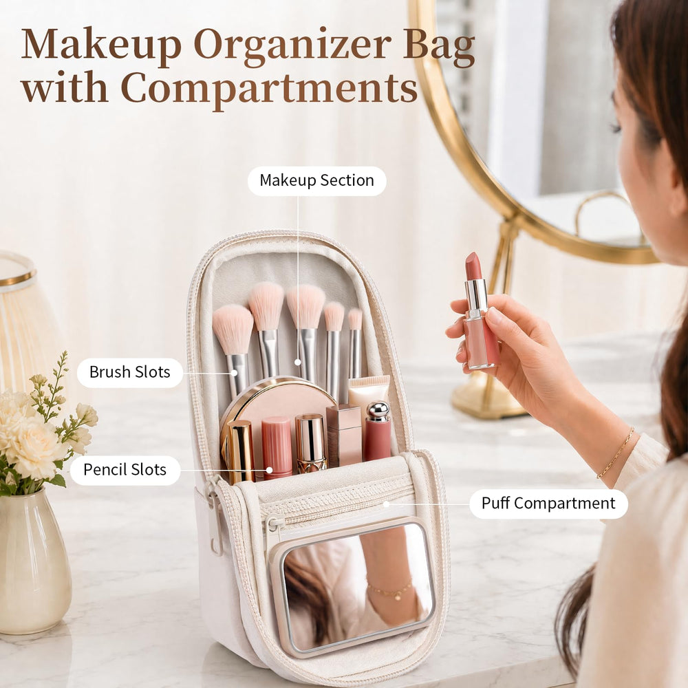 crawing open standing bag with mirror for hands-free makeup application benefit