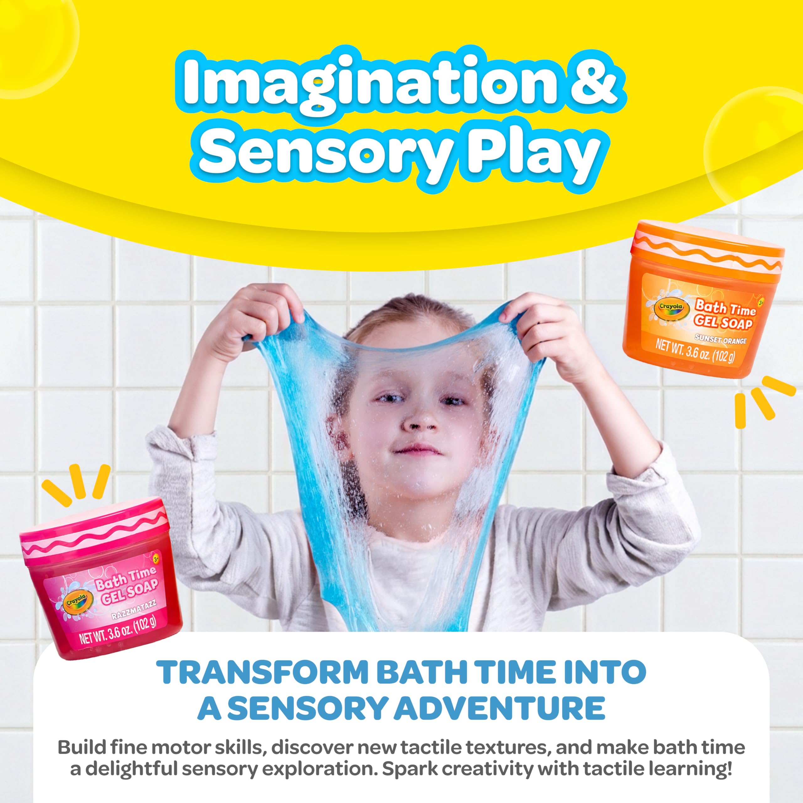 Crayola tubs in hand for size comparison showing portability and convenience