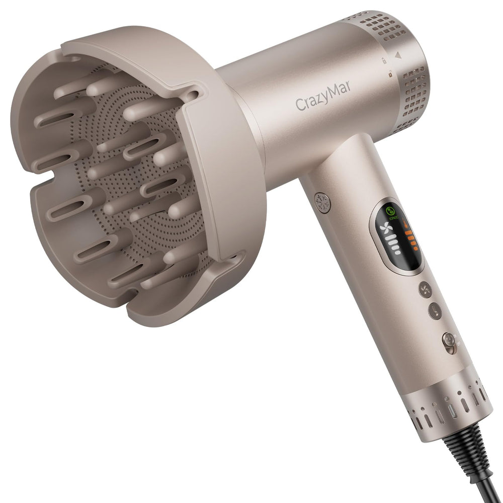 CrazyMar hair dryer front view with LED display showing settings and easy reading