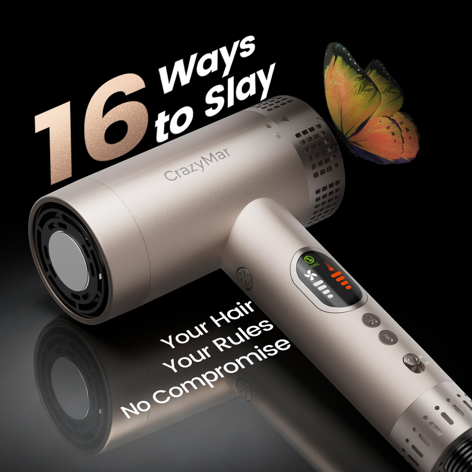CrazyMar LED panel and controls showing 16 settings for personalized styling