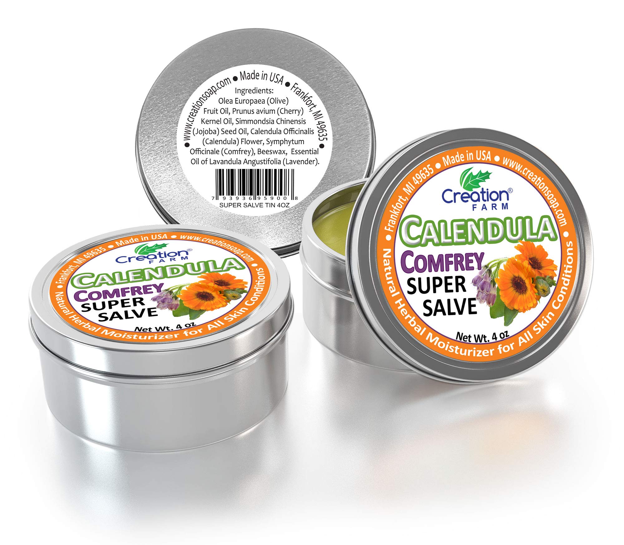 Creation Pharm salve on a bathroom shelf in a lifestyle scene conveying natural routine