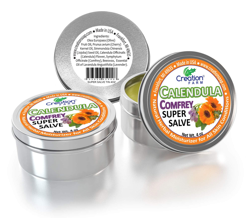 Creation Pharm salve on a bathroom shelf in a lifestyle scene conveying natural routine