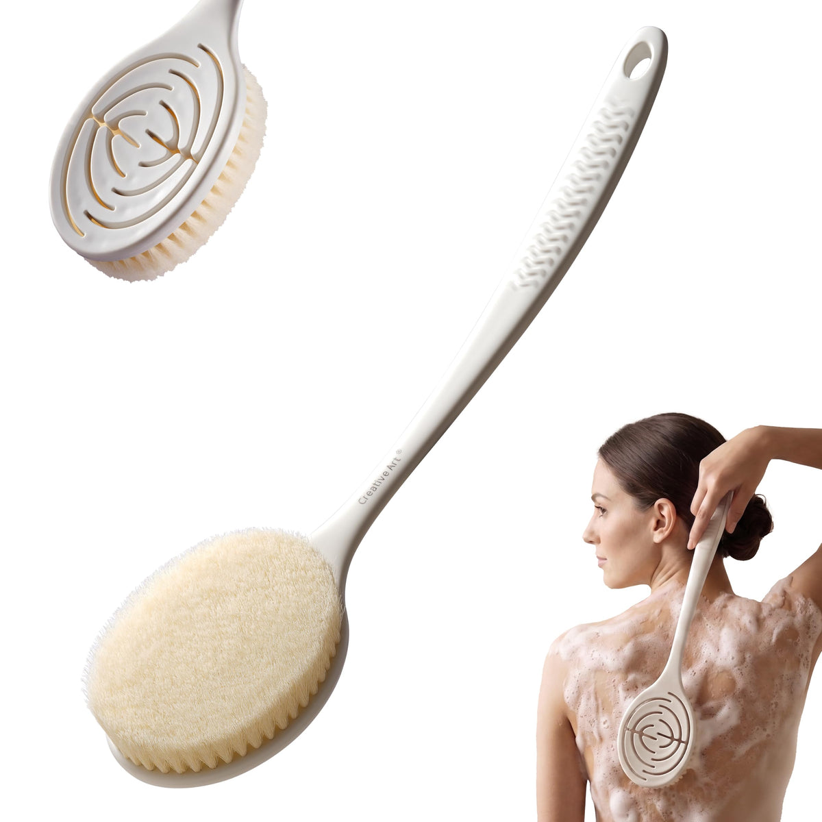 Creative Art front view of back brush showing full design and easy reach