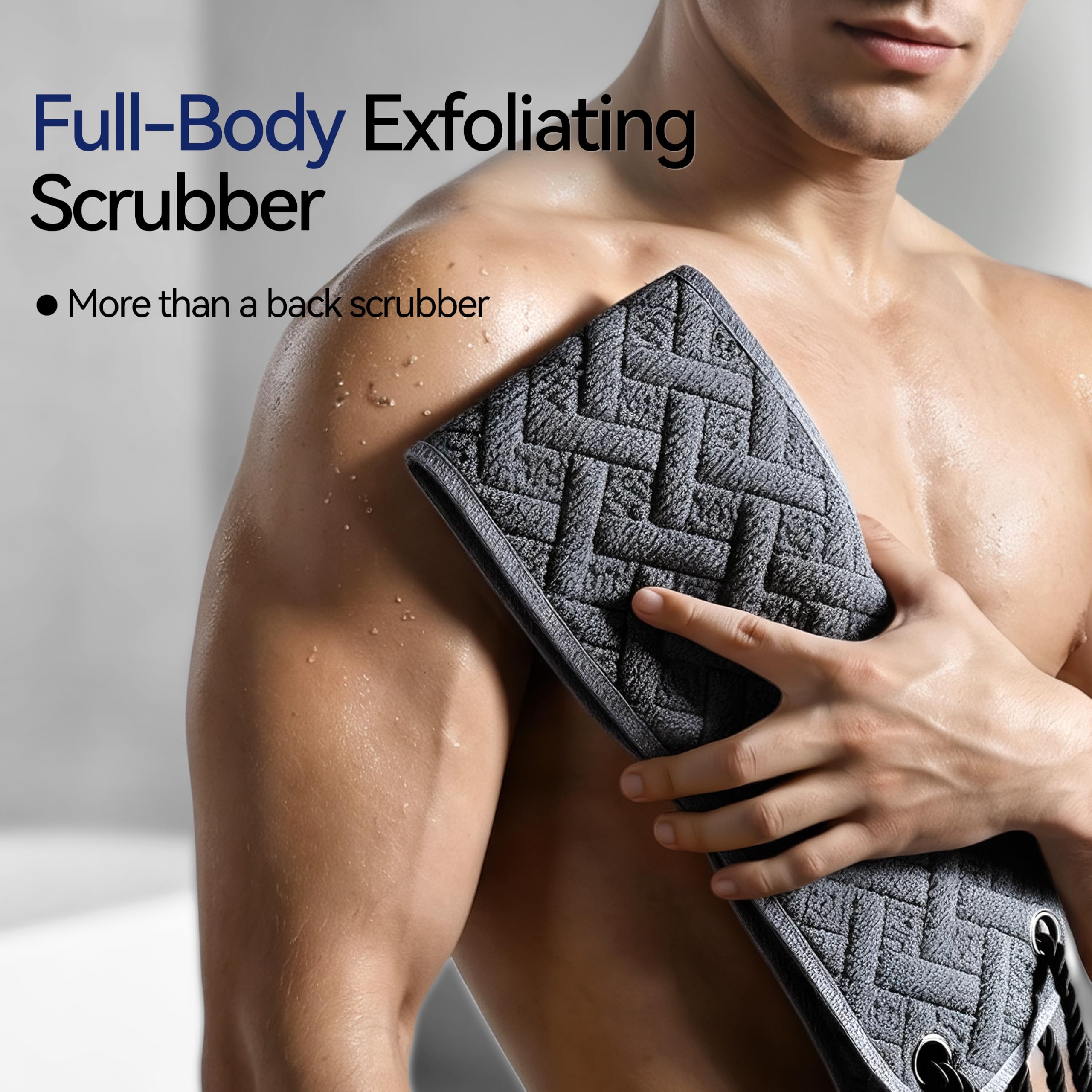 Creative Art in-use image of man scrubbing back for independent full-back cleaning
