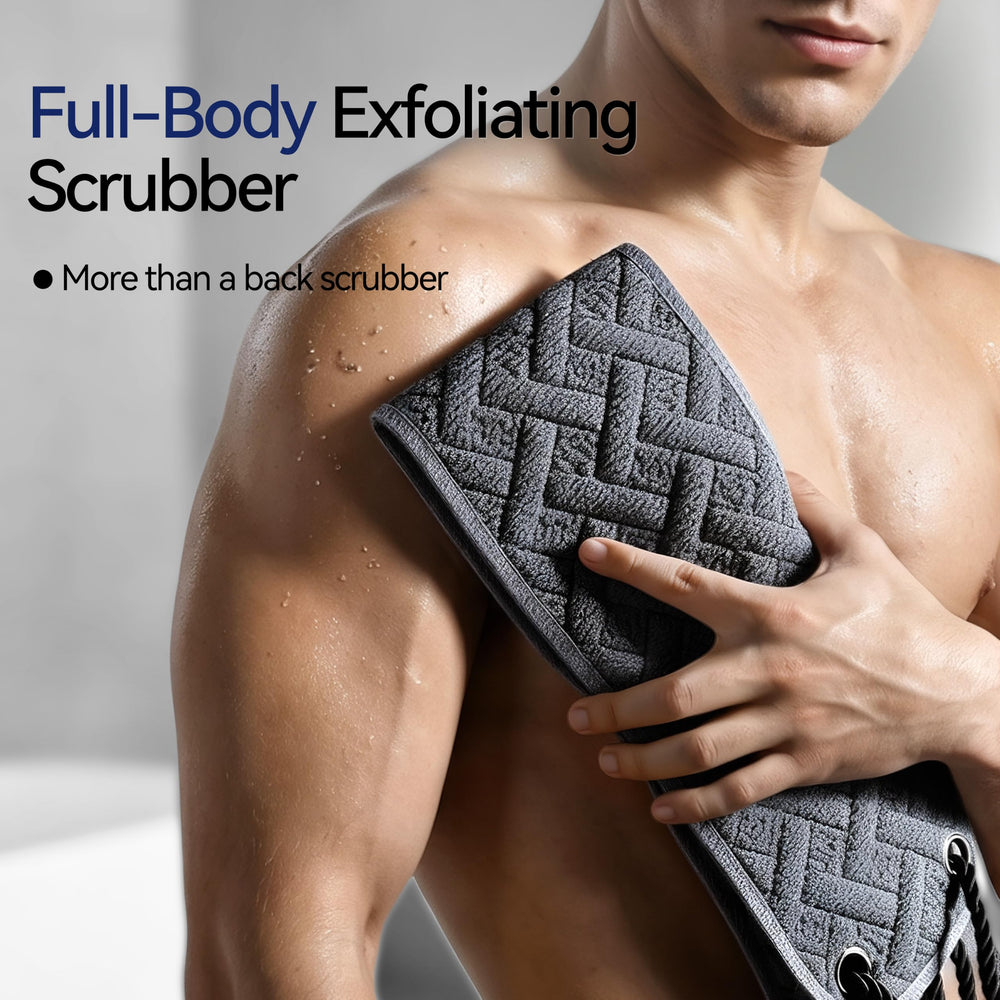 Creative Art in-use image of man scrubbing back for independent full-back cleaning