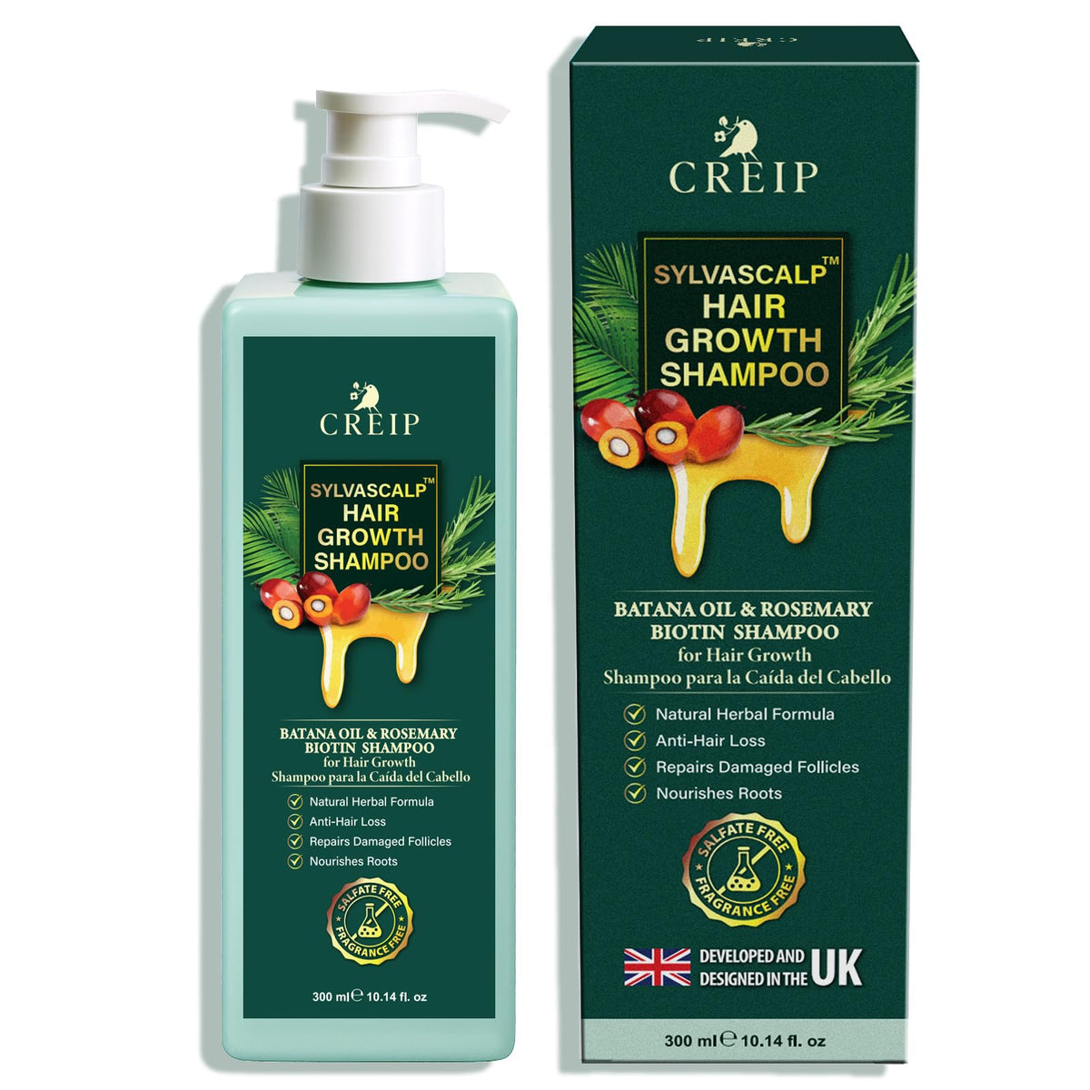 Creip front packaging showing rosemary and Batana for visible thickening