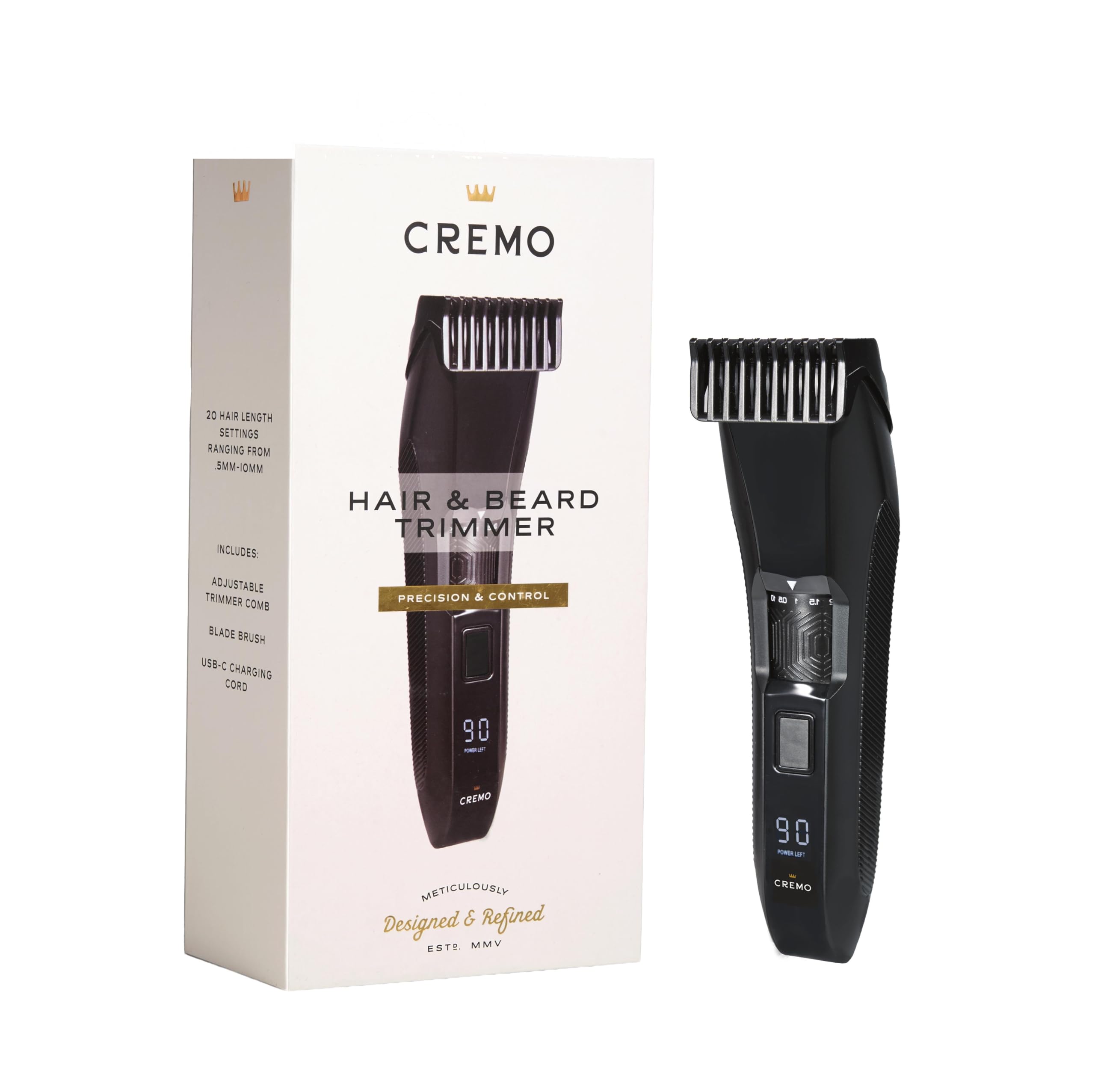 Cremo front view of trimmer showing full-size ergonomic body and control benefits