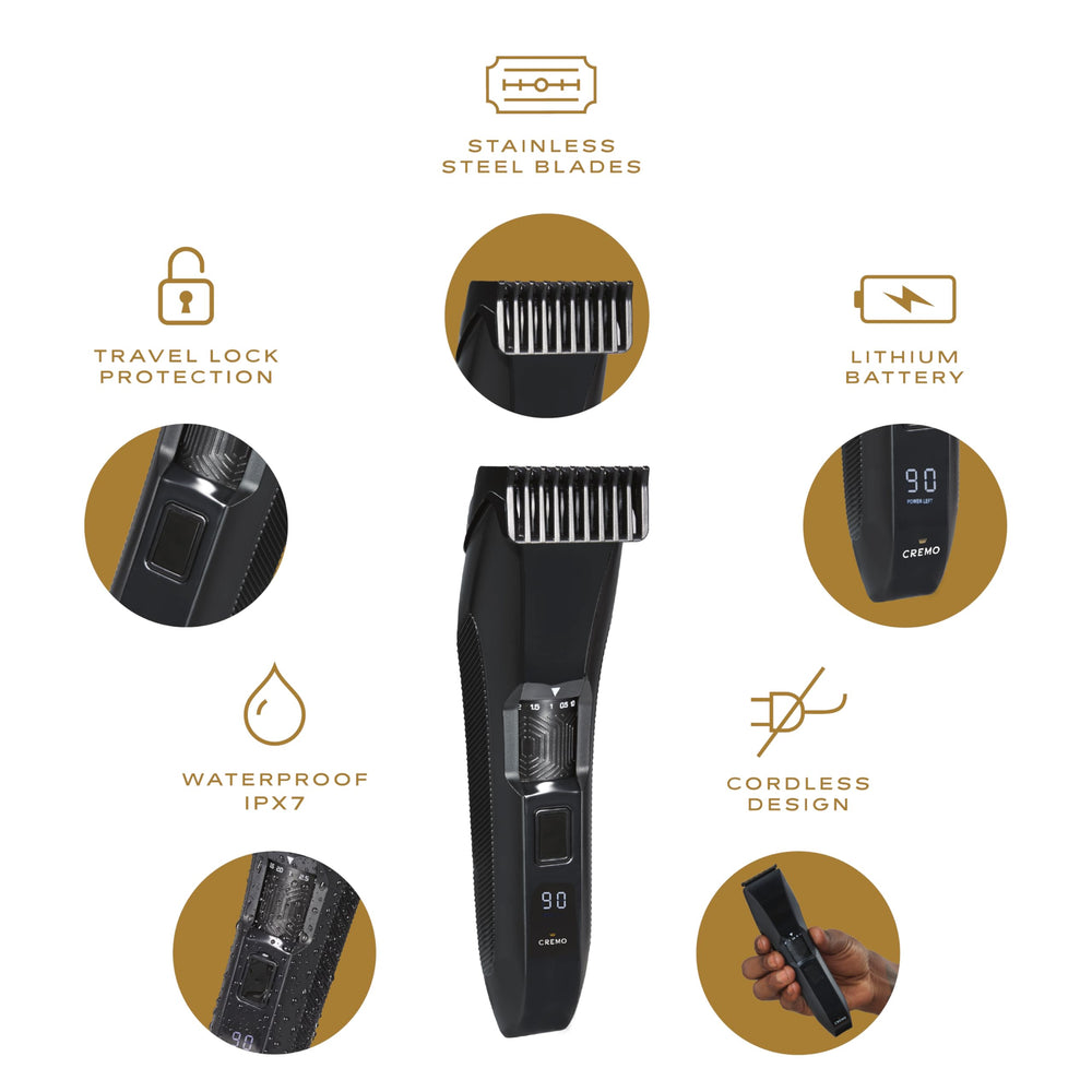 Cremo trimmer held in hand to show full-size grip and comfortable handling