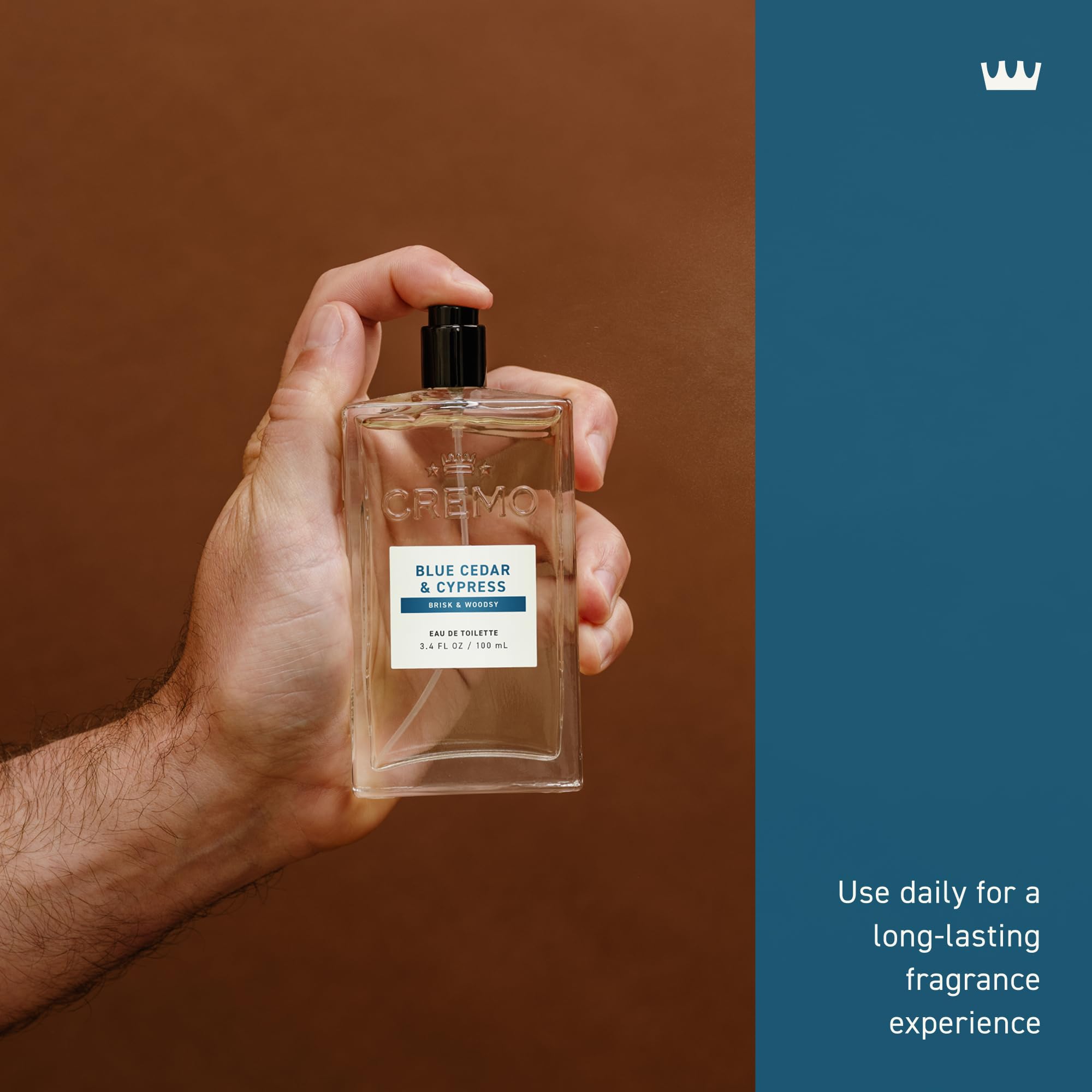 Cremo bottle in hand showing 3.4 fl oz scale and travel convenience