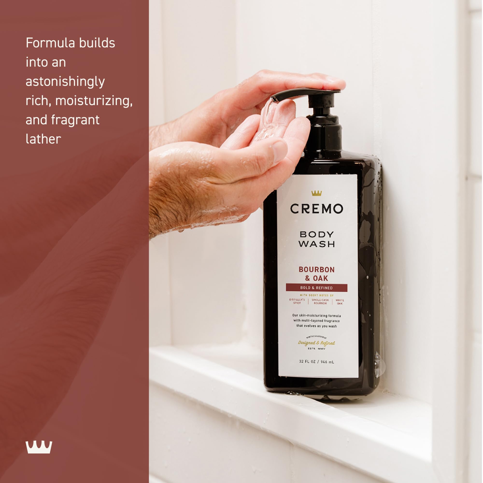 Cremo label detail showing bourbon and oak fragrance notes and depth