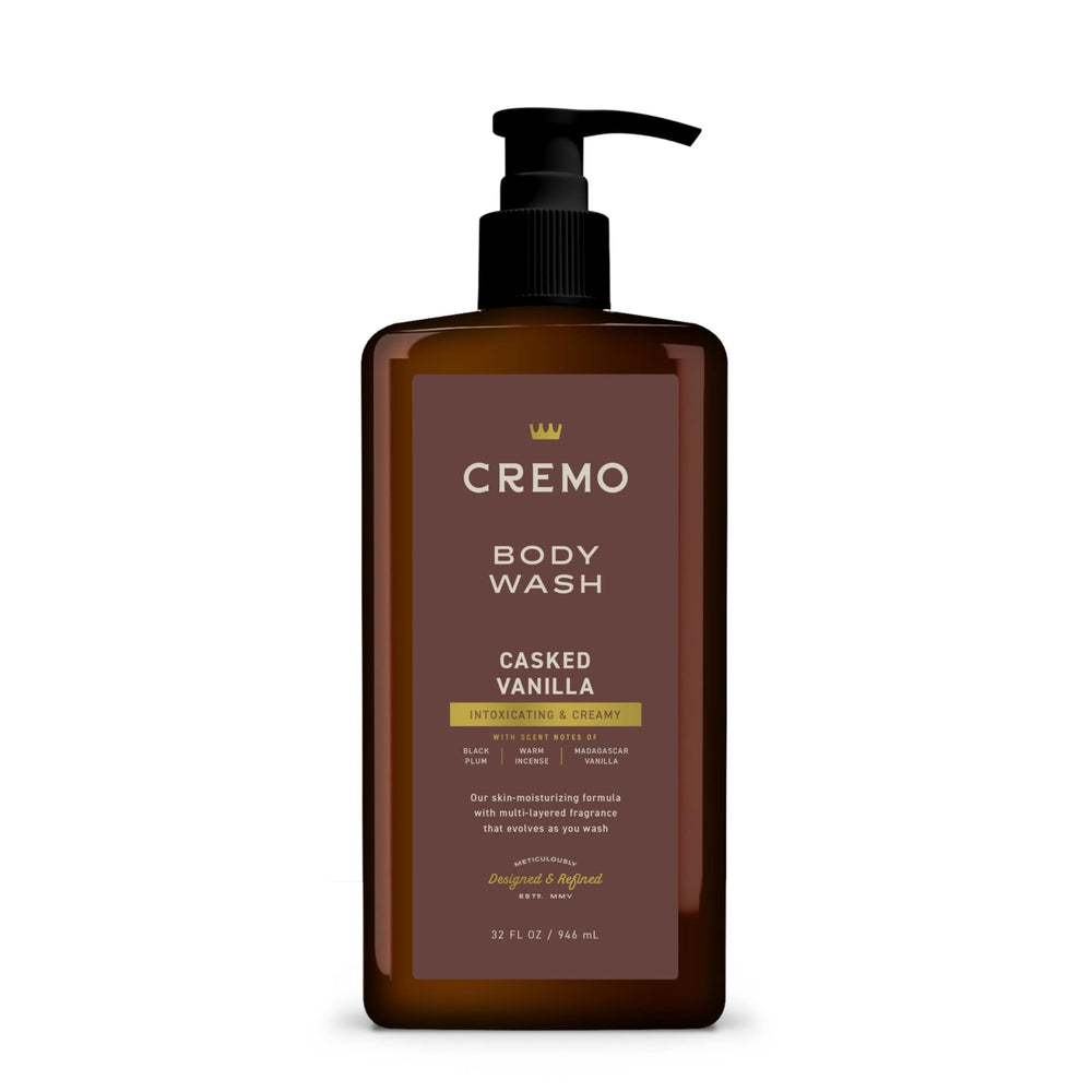 Cremo front pump bottle showing 32 fl oz and casked vanilla scent benefits