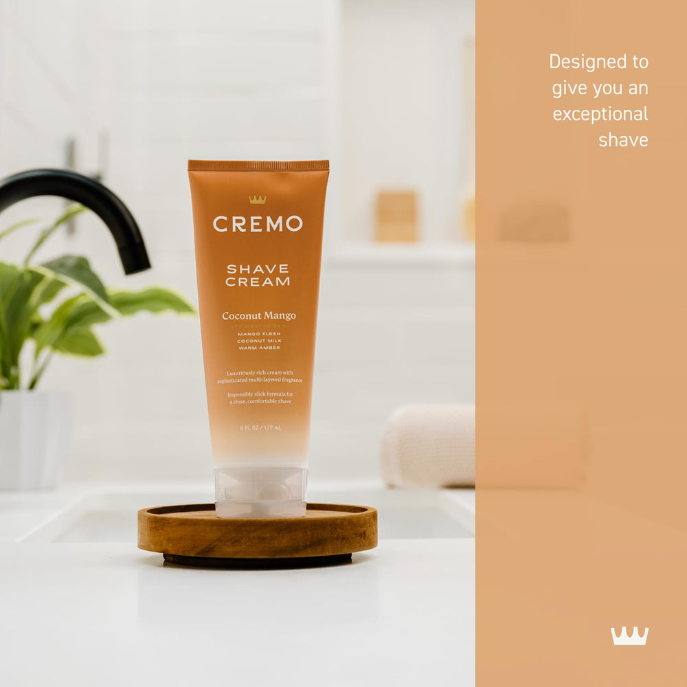 Cremo close-up of tube label highlighting ingredients and scent