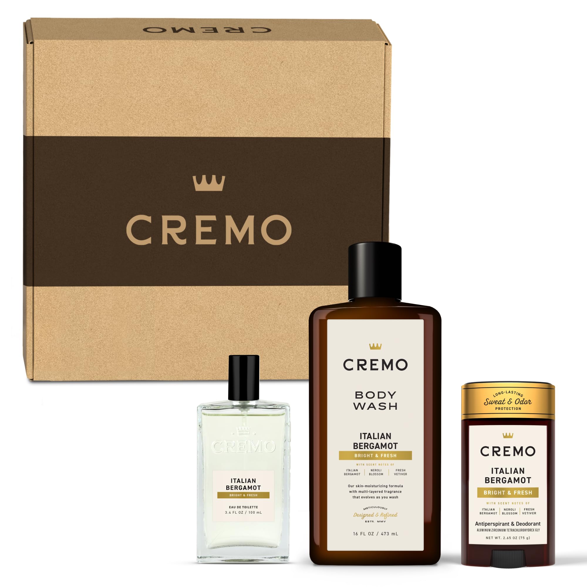 Cremo front packaging showing the full Italian Bergamot gift set and cohesive design