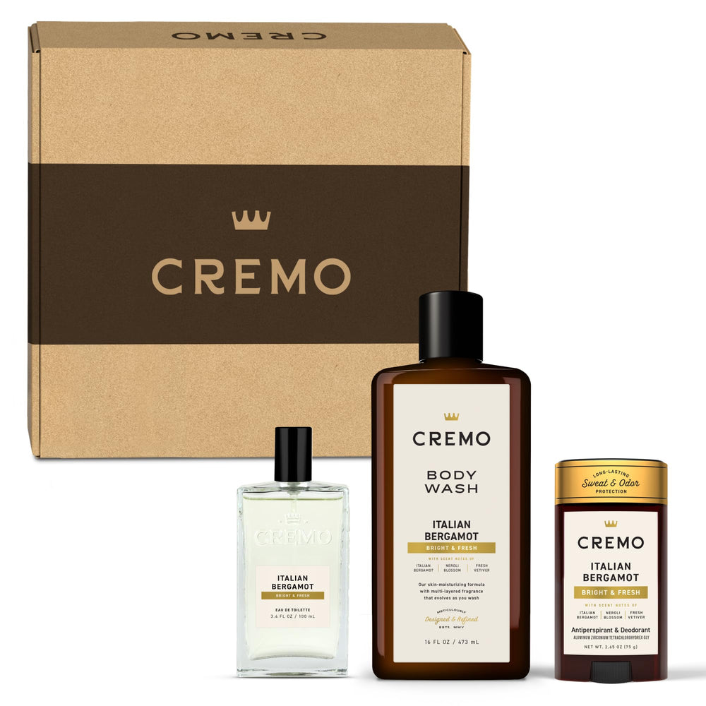Cremo front packaging showing the full Italian Bergamot gift set and cohesive design