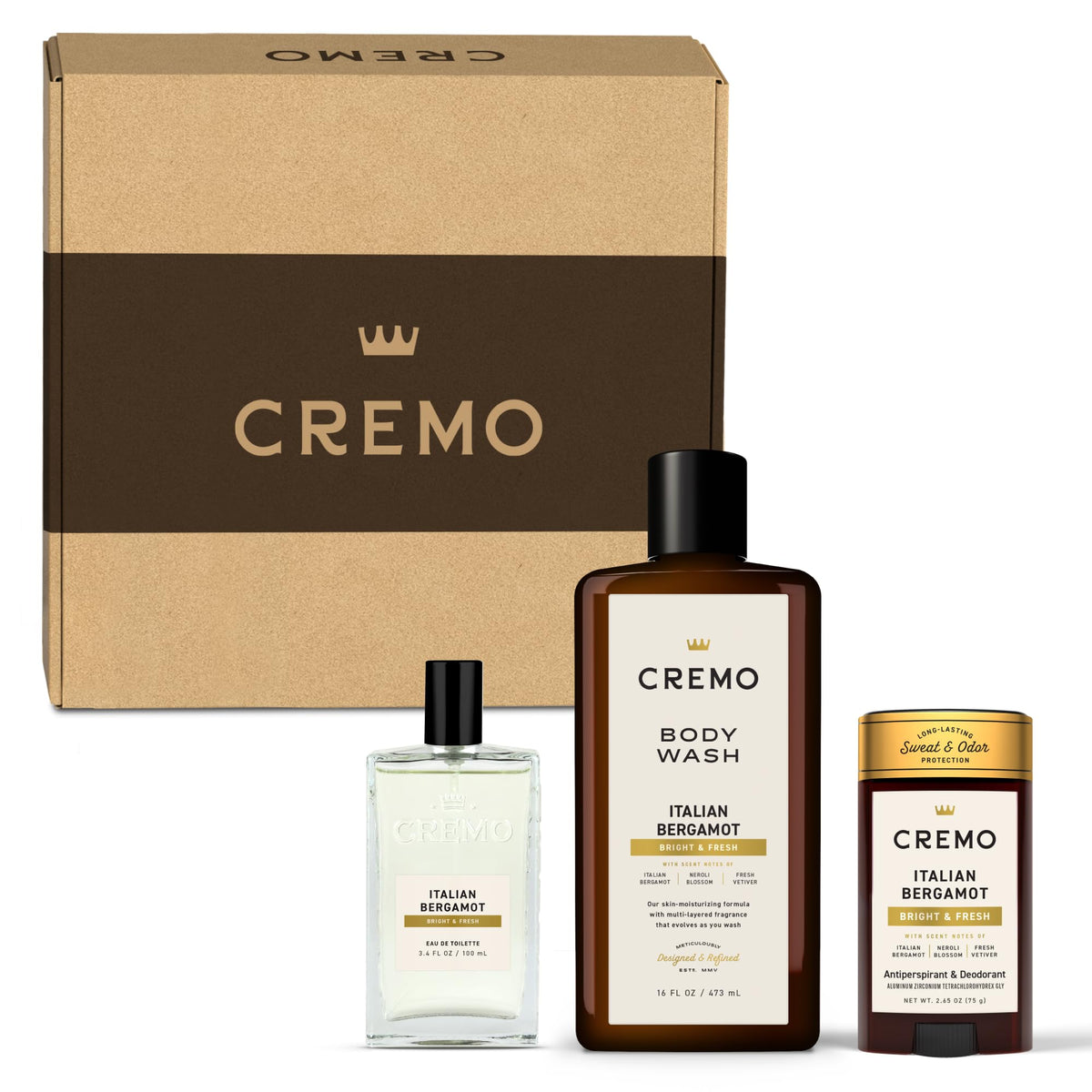 Cremo front packaging showing the full Italian Bergamot gift set and cohesive design