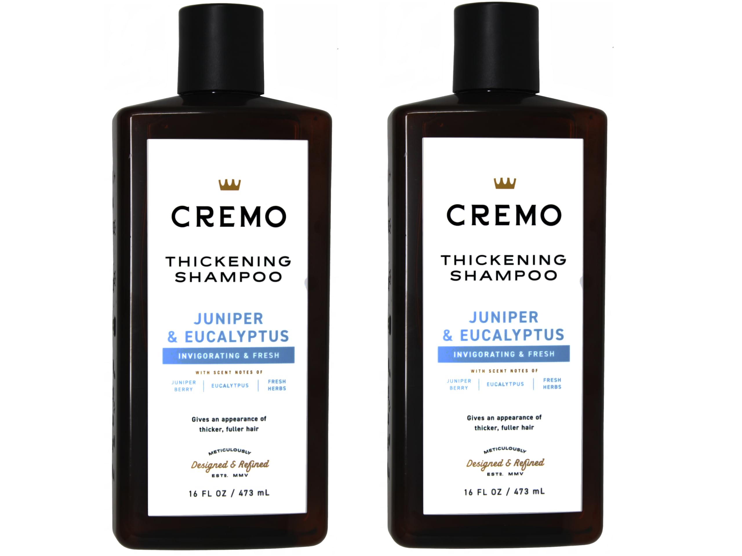 Cremo front packaging showing two 16 fl oz bottles and branding benefit volumizing