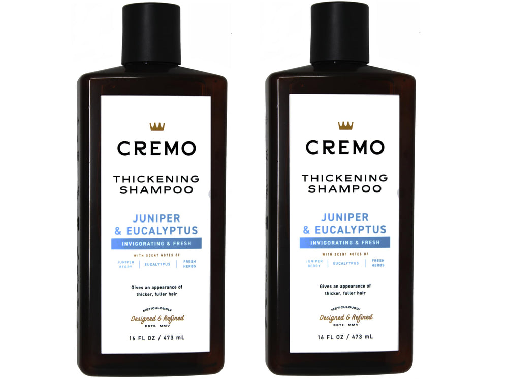 Cremo front packaging showing two 16 fl oz bottles and branding benefit volumizing