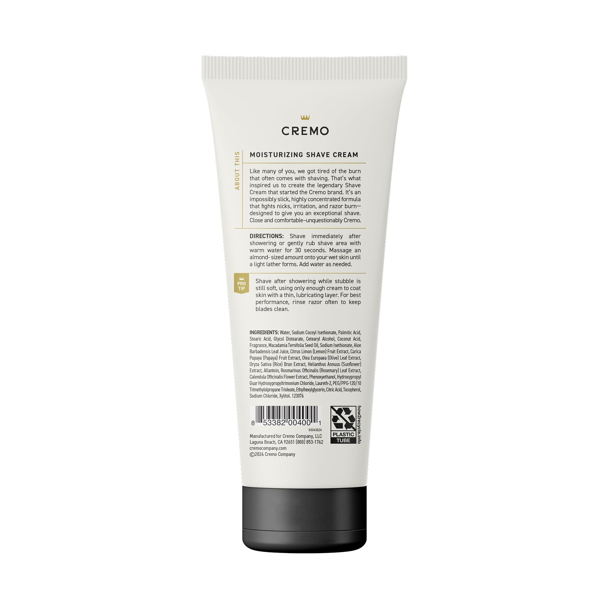Cremo label close-up highlighting ingredients and paraben-free benefit