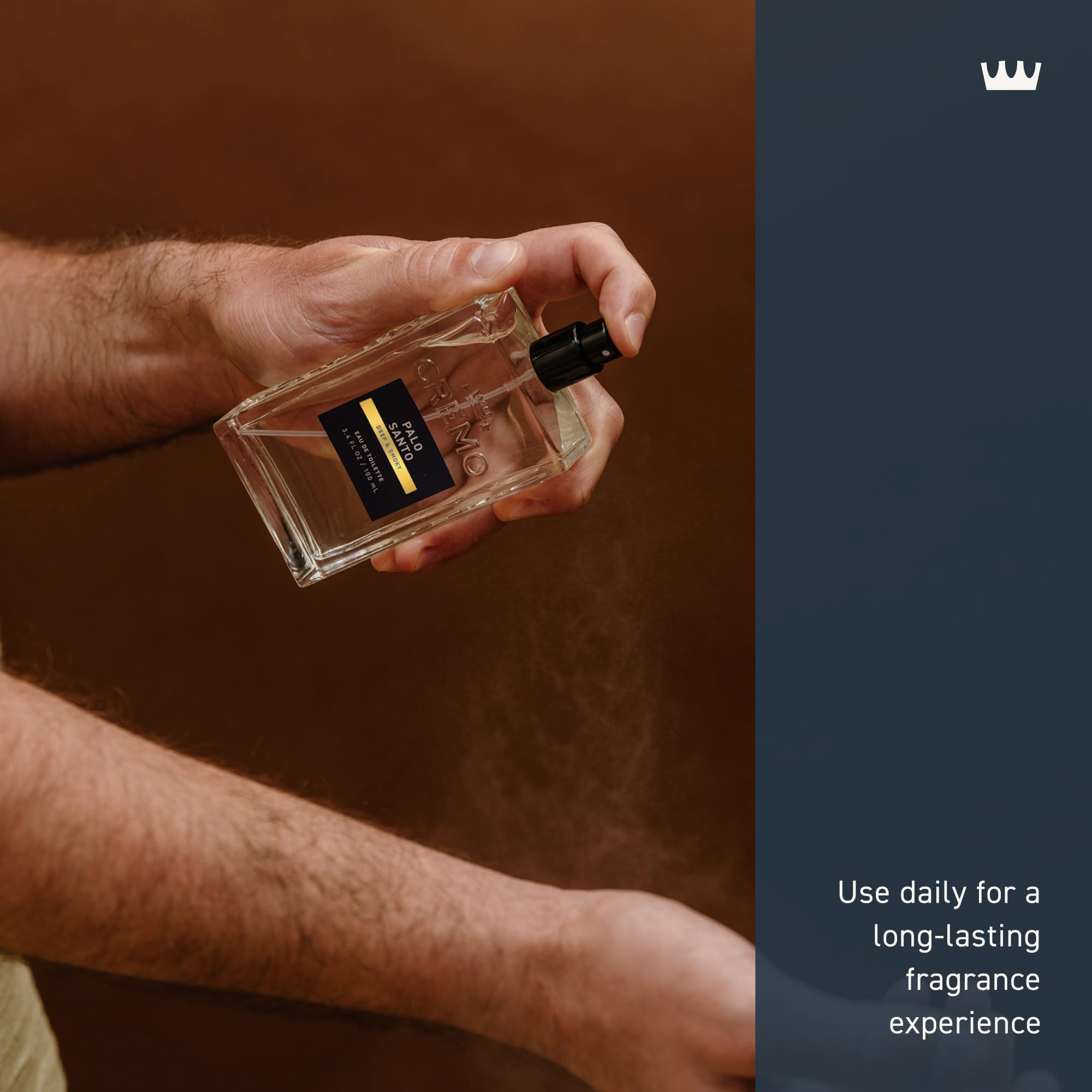 Cremo bottle in hand for scale indicating portable, travel-friendly benefit