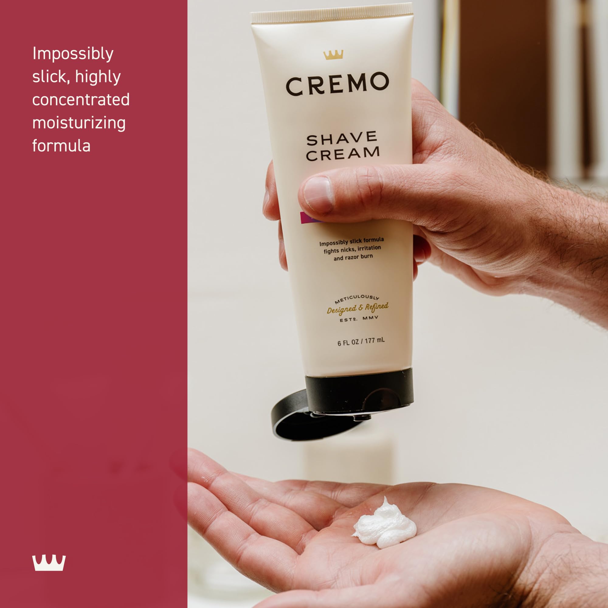 Cremo in-use with razor gliding over lather demonstrating reduced nicks and irritation