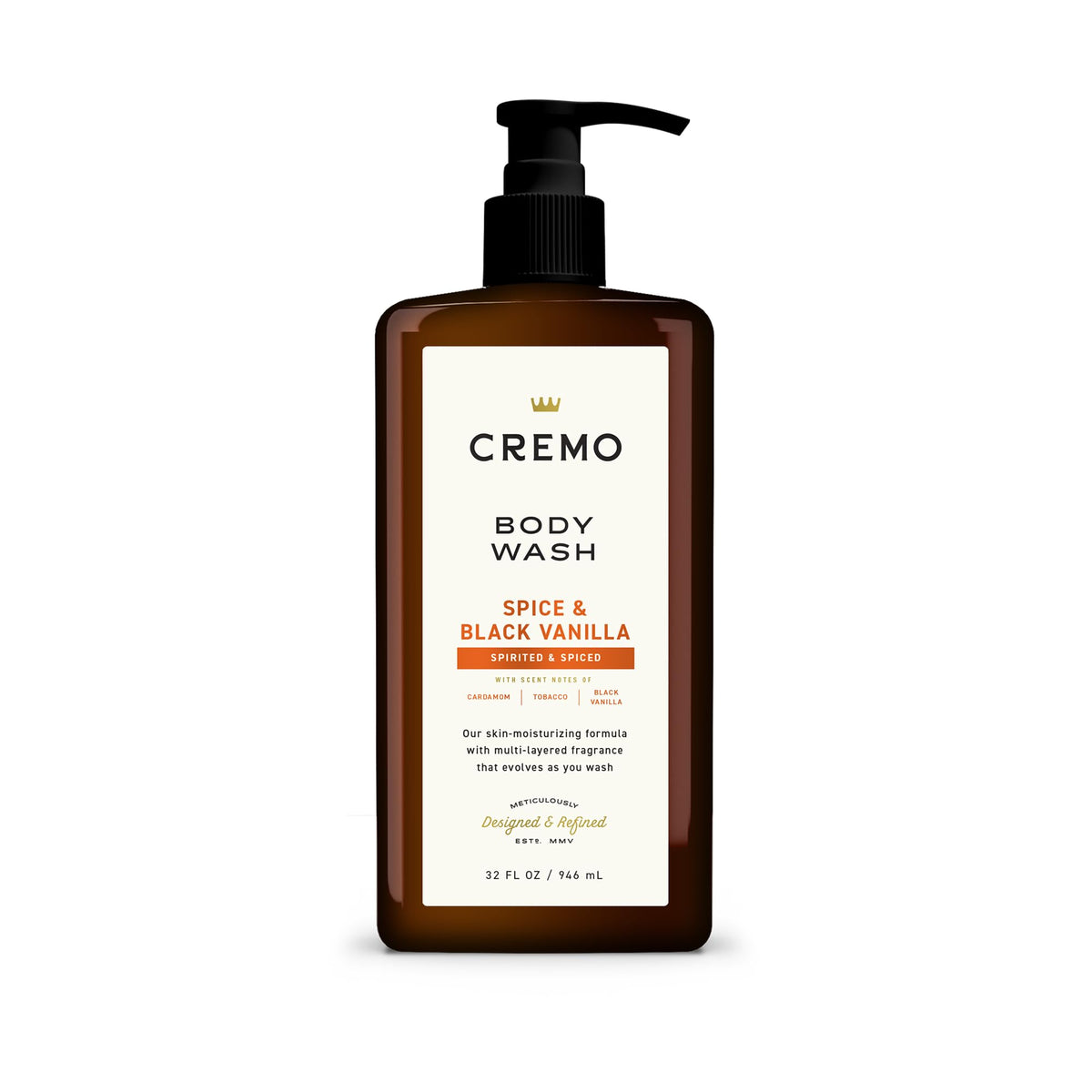 Cremo front bottle showing pump and Spice & Black Vanilla branding for easy selection