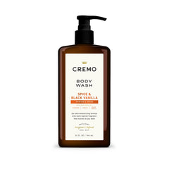 Cremo front bottle showing pump and Spice & Black Vanilla branding for easy selection