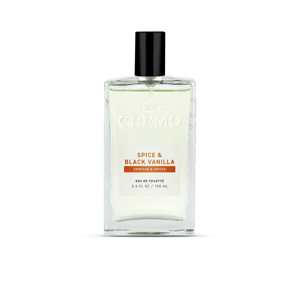 Cremo bottle front packaging showing refined scent and travel benefit