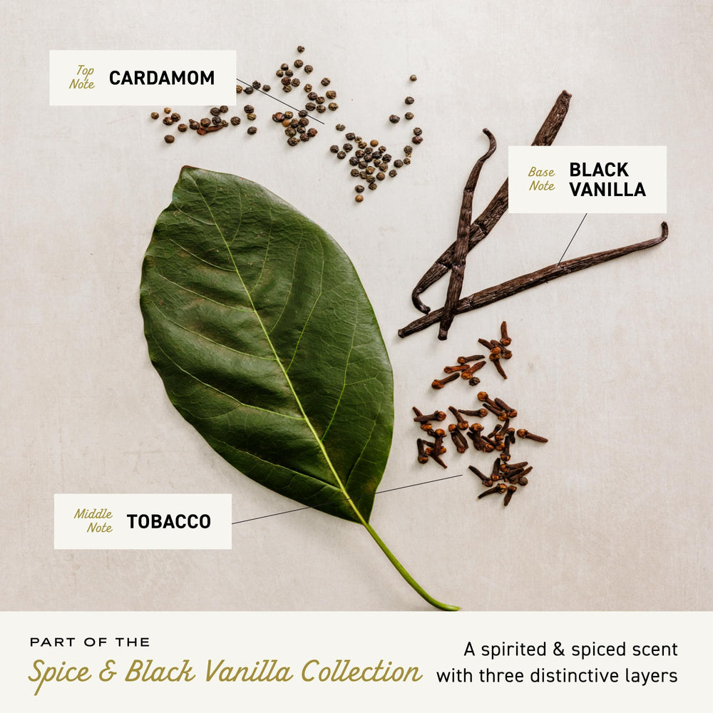 Cremo label detail highlighting Spice & Black Vanilla scent and layered fragrance info
