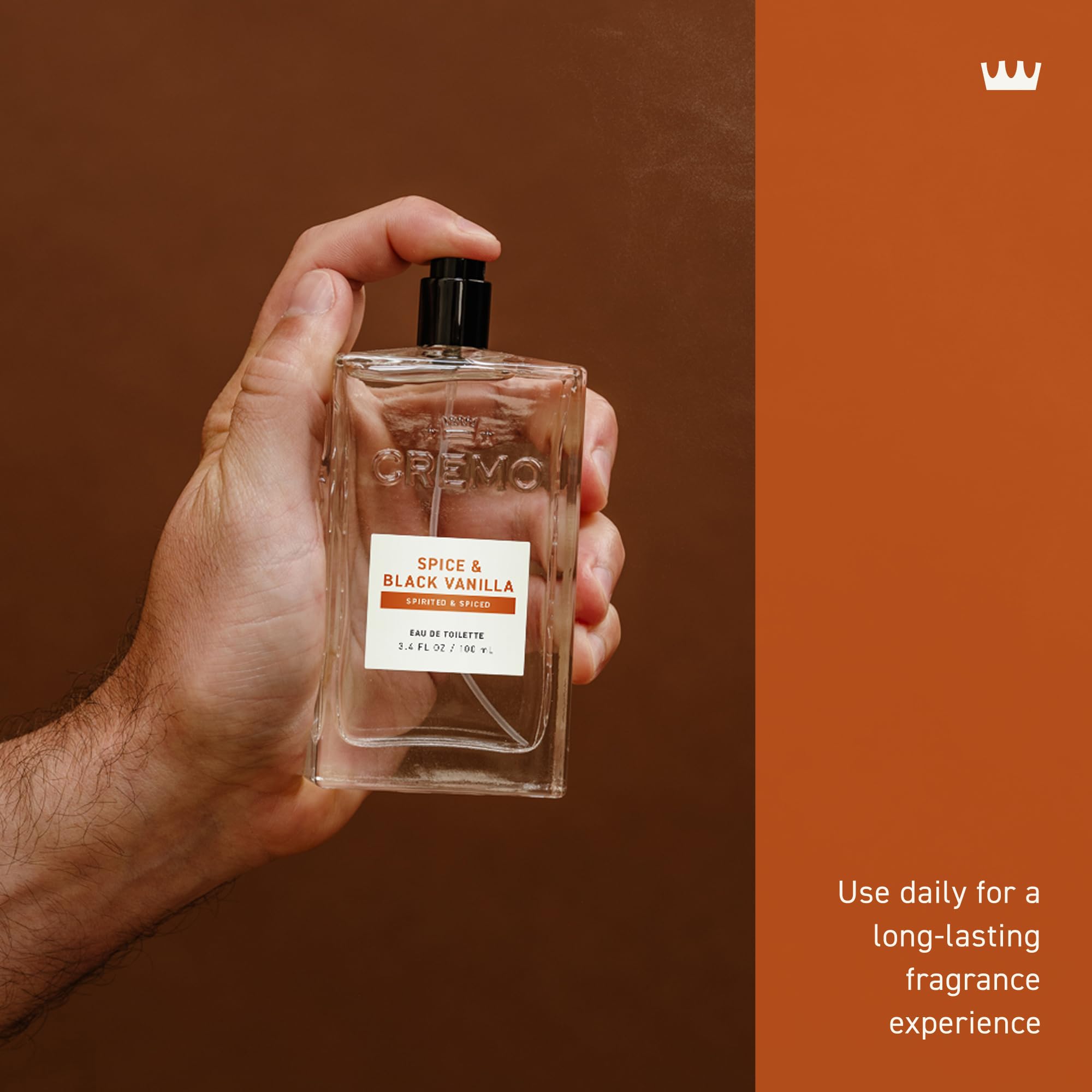 Cremo bottle held in hand showing 3.4 fl oz scale and travel convenience
