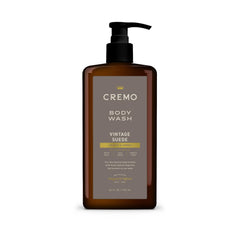 Cremo pump bottle front view showing Vintage Suede scent and packaging benefit
