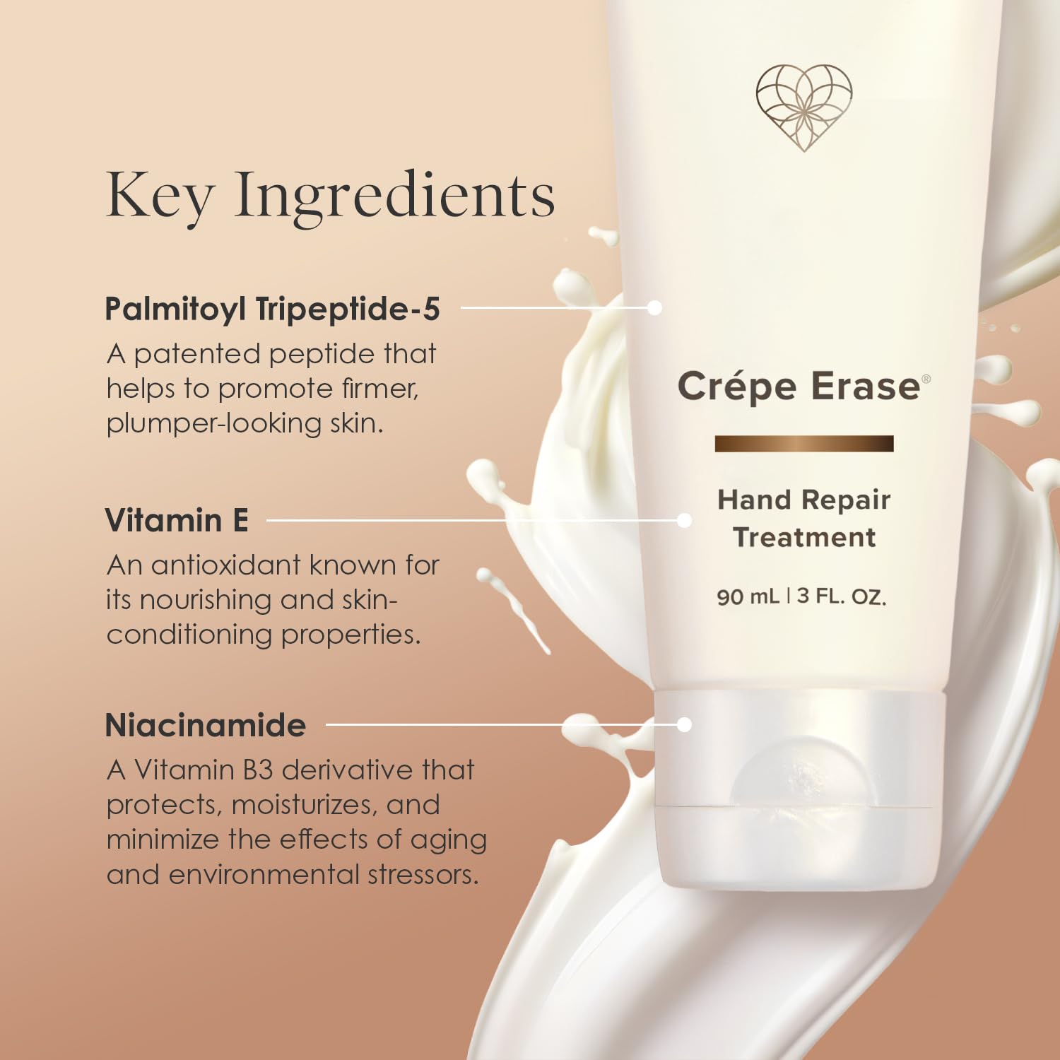 Crepe Erase tube detail highlighting pump and easy dispensing benefit