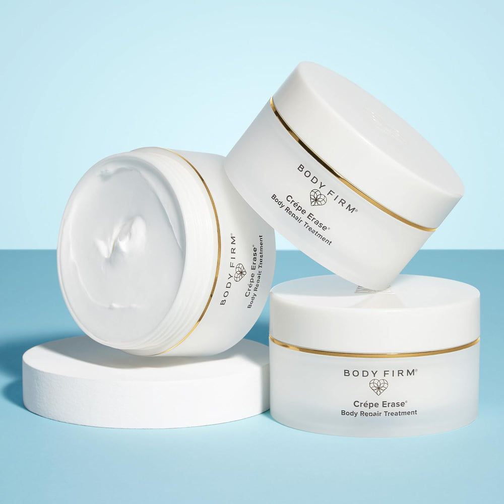 Crepe Erase 10 oz jar beside common items to show size and full-body coverage benefit