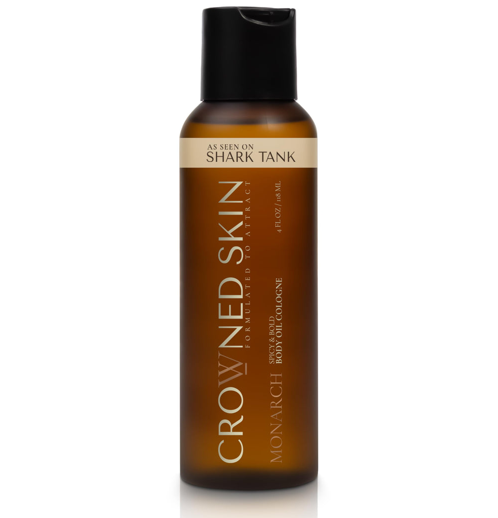 Crowned Skin front bottle shot highlighting sleek packaging and bold scent