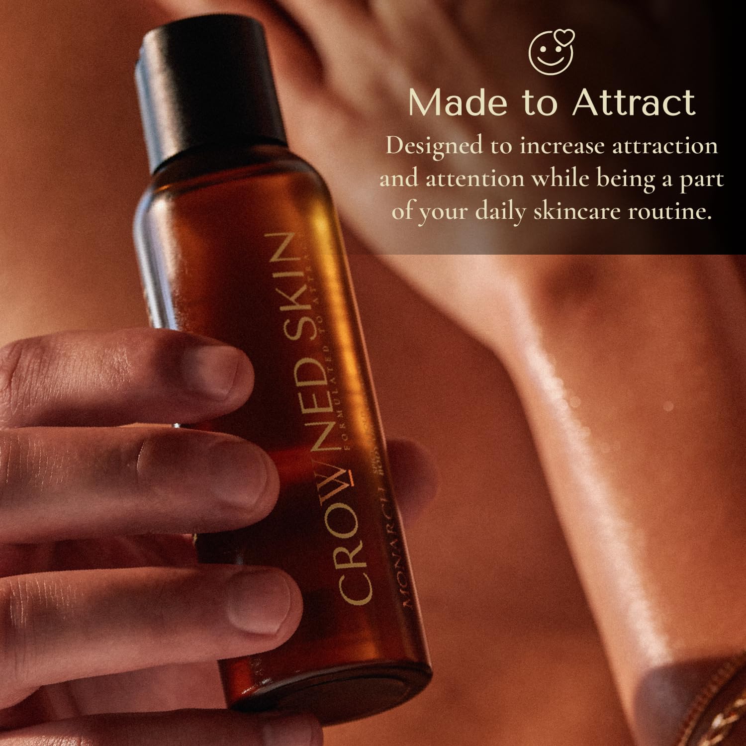 Crowned Skin application on chest demonstrating moisturized skin and fragrance benefit