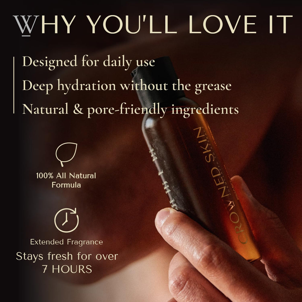 Crowned Skin ingredients display jojoba and grapeseed oils for nourishing benefit