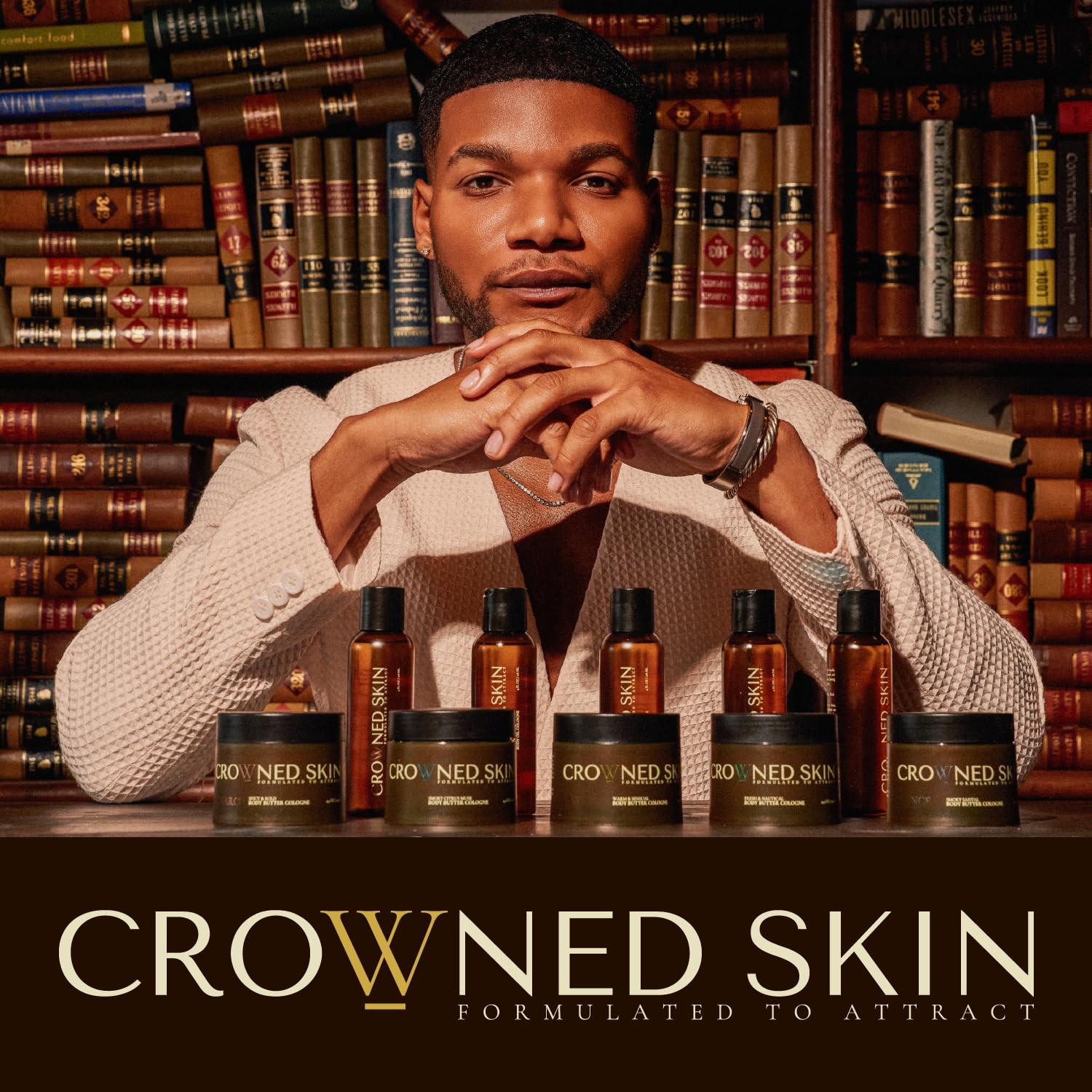 Crowned Skin packaging label close-up showing scent notes and natural ingredients