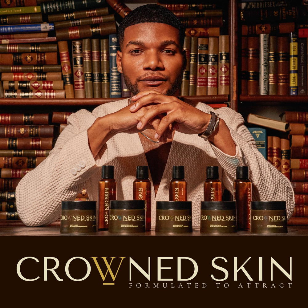 Crowned Skin packaging label close-up showing scent notes and natural ingredients